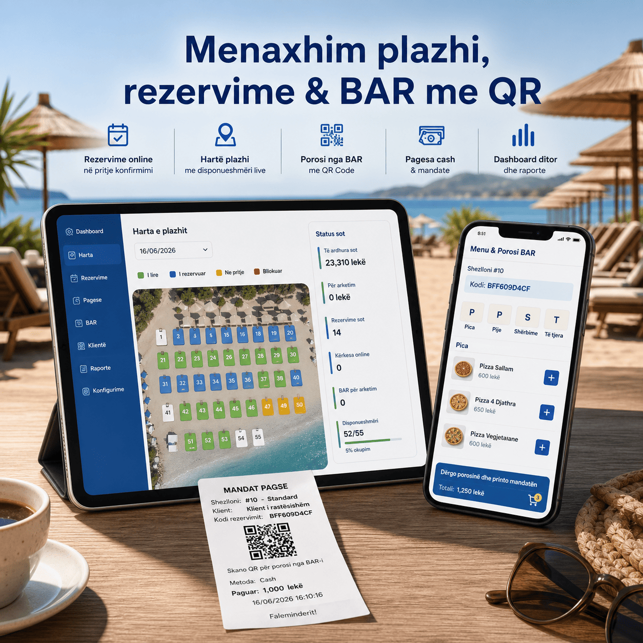 Beach Manager - sistem per menaxhim plazhi, rezervime dhe porosi BAR me QR